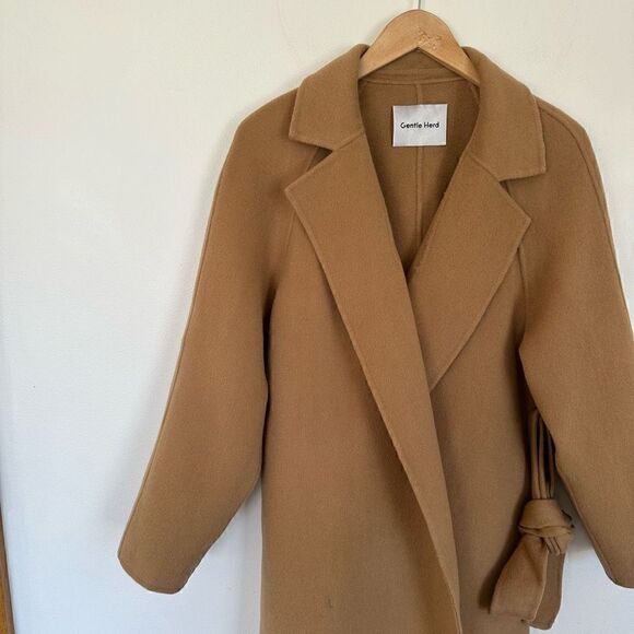 Gentle Herd Women’s Single Breasted Belted Wrap Wool Coat in Color Camel - Picture 5 of 16